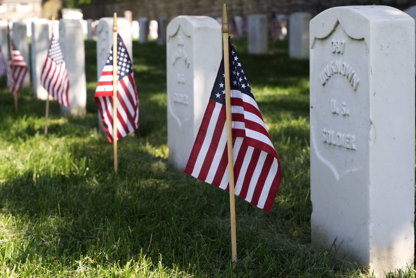american flags are placed in the grass at a cemetery