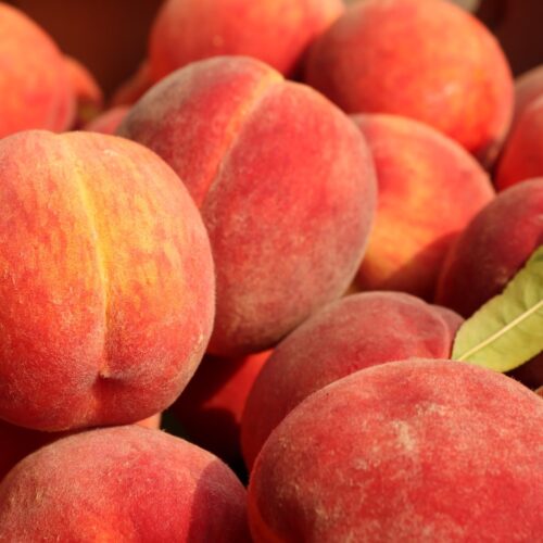 a pile of peaches with a leaf on top