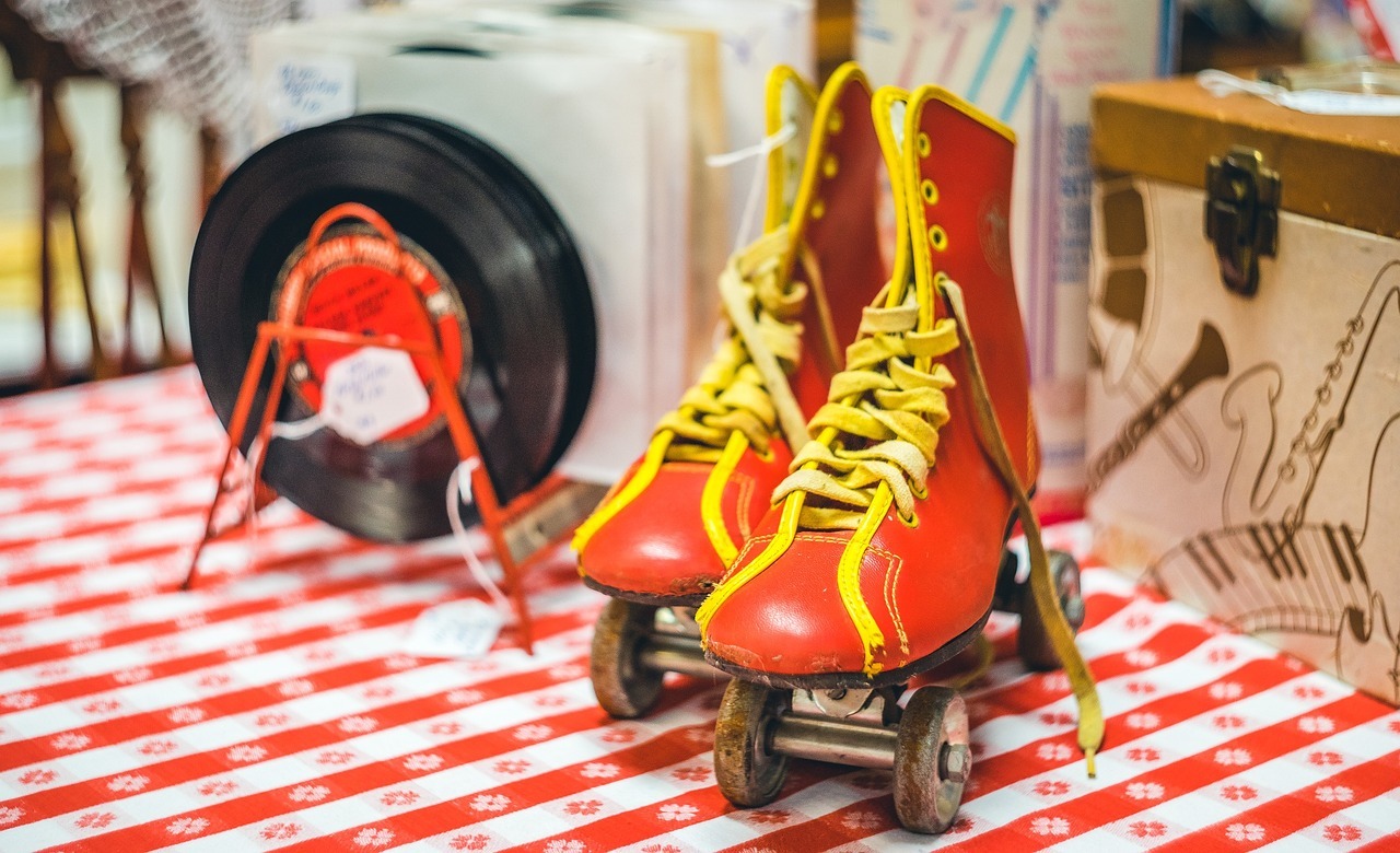 vintage, skates, records